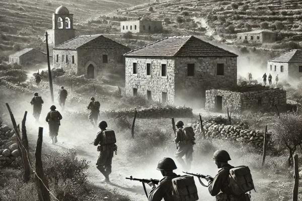 DALL·E 2025-04-20 20.56.54 - A realistic black-and-white historical scene from the outskirts of Jerusalem in 1948. The landscape includes old stone houses, terraced hills, and nar
